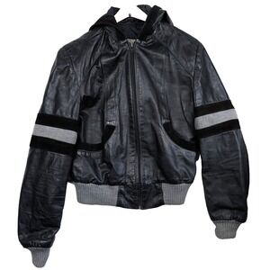 JEAN PIERRE Full Zip Cropped Leather Bomber Jacket Hooded 80s Biker Black VTG
